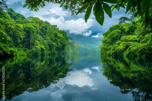 A lake surrounded by lush forests with reflections of trees and clouds in still water © wpw