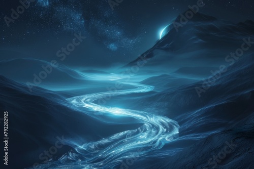An ethereal river of glowing light winds through a tranquil, moonlit, alien landscape.