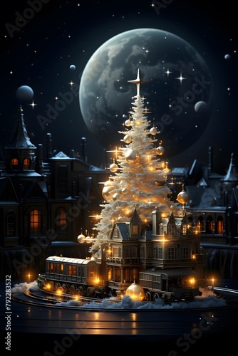 Christmas and New Year background with Christmas tree and train. 3d rendering
