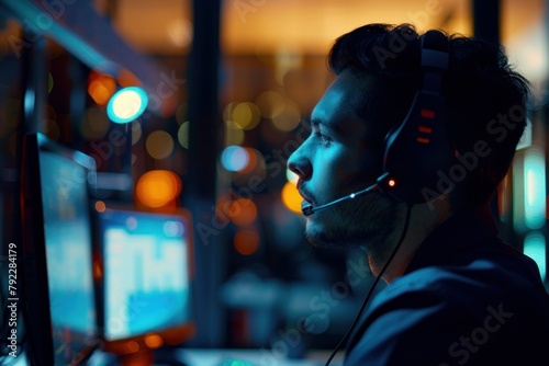 Call center agent providing customer support services to clients around the world during the night shift, resolving inquiries and issues efficiently, Generative AI