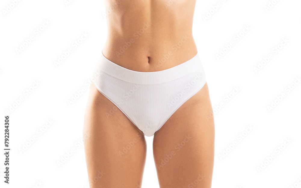 Young, fit and beautiful woman in white swimsuit over white background. The concept of healthcare, diet, sport and fitness. - obrazy, fototapety, plakaty 