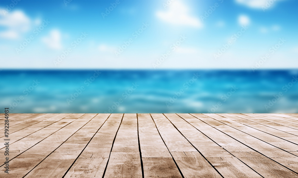 Wood table top on blur summer blue sea and sky background - can be used for display or montage your products