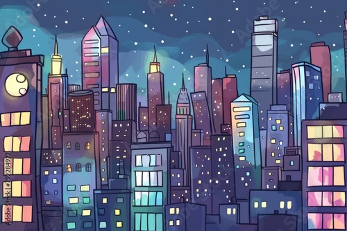 Cartoon cute doodles of a favorite spot in the city skyline with skyscrapers, lights, and bustling streets below, Generative AI