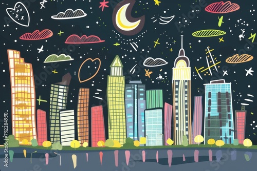 Cartoon cute doodles of a favorite spot in the city skyline with skyscrapers, lights, and bustling streets below, Generative AI