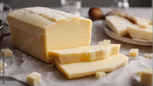 'fresh butter food rustic closeup cholesterol natural dairy fat unhealthy fats diet widener yellow breakfast calorie knife margarine culinary piece creamy blue ingredient wooden background chopping' photo