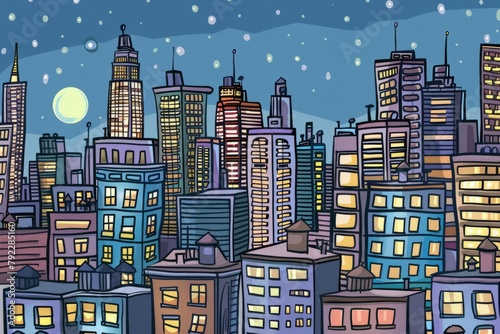 Cartoon cute doodles of a favorite spot in the city skyline with skyscrapers, lights, and bustling streets below, Generative AI