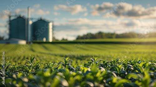 A rural farm with fields of crops stretching into the distance while a biogas plant can be seen in the background. The plant utilizes organic waste from the farm and surrounding areas .