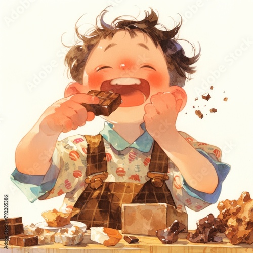 Abstract watercolor cute child eating sweet chocolate hungrily on plain white background, cute character art of happy childhood photo