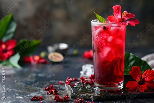 bright red iced hibiscus tea Decorated with hibiscus flowers photo