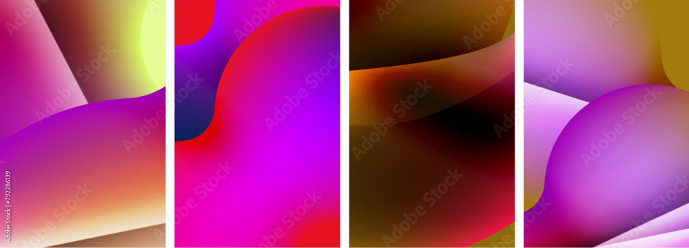 A vibrant collage of purple, violet, magenta, and electric blue abstract backgrounds in various patterns and shapes, showcasing colorfulness and fluid material properties