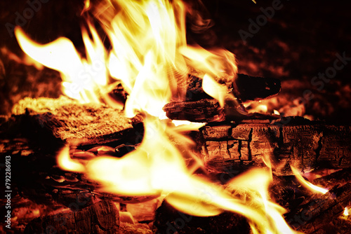 Closeup view of plasma and burning wood and coals in campfire. Abstract nature backgrounds