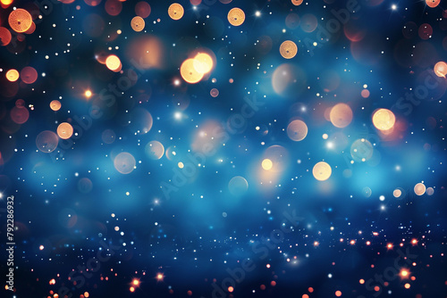 bokeh background  showcasing a myriad of twinkling lights against a deep twilight blue. The lights appear as soft  blurred orbs  varying in size and intensity
