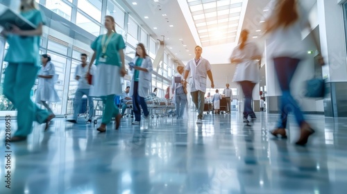 Hazy background of a bustling hospital lobby with doctors and nurses in sharp focus representing the growing demand for efficient and patientcentered care in NextGeneration healthcare. . photo