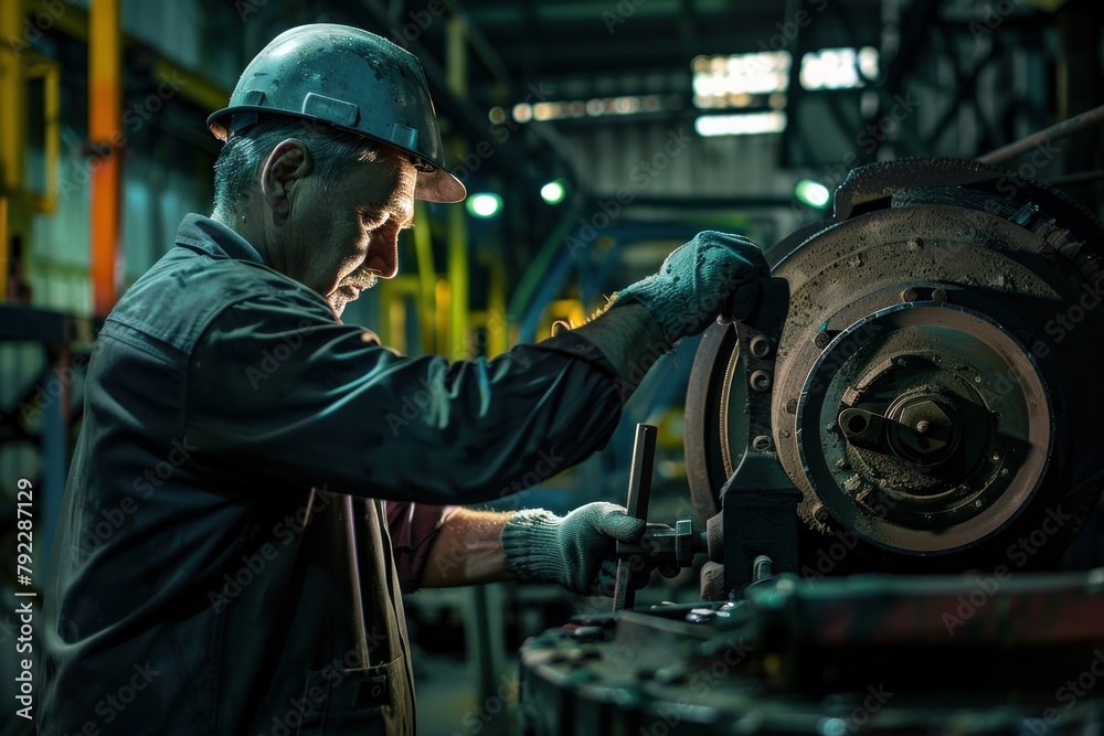 Night shift worker diligently operating machinery in a factory, ensuring production runs smoothly through the late hours, Generative AI Night shift worker diligently operating machinery in a factory, ensuring production runs smoothly through the late hours, Generative AI