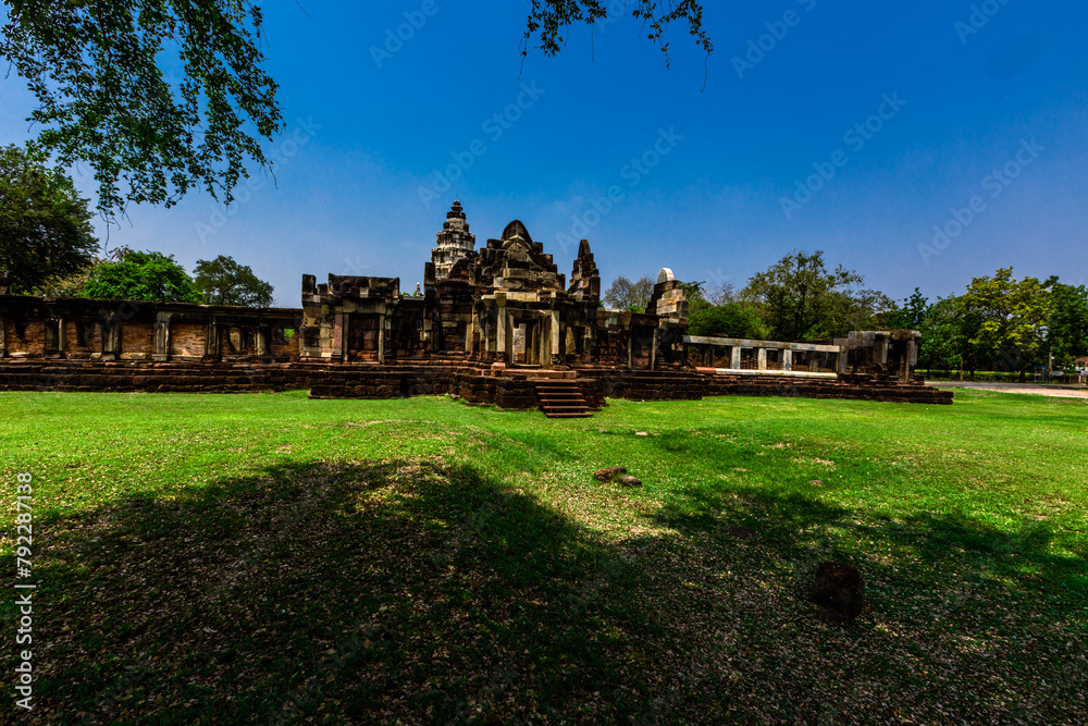 Background of old sculptures in Prasat Hin Phanom Wan, there are old Buddha statues installed within the park, allowing tourists to study the history of the Korat area, Thailand.