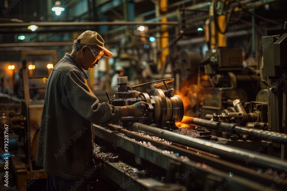 Night shift worker diligently operating machinery in a factory, ensuring production runs smoothly through the late hours, Generative AI