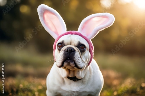 'bunny bulldog wearing head dressed dog cute ears plush blurry carrot headband background easter front nature french big rabbit up costume adorable animal beautiful eye breed brown clothing domestic'