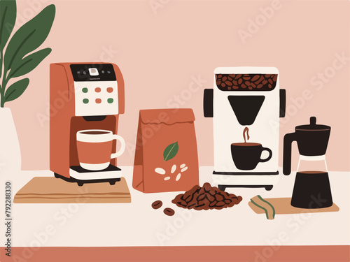 Set of Coffee Illustrations: Beans, Bag, Cup, Coffee Machine - Hand-drawn Modern Design.