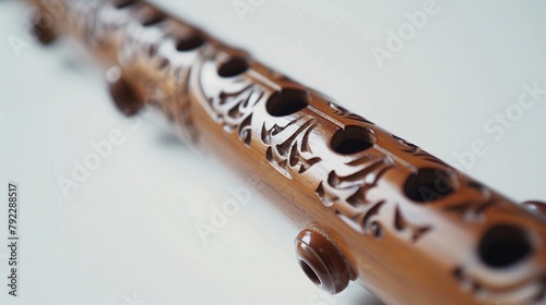 The intricate design of a wooden flute is highlighted against a white background, showcasing its simplicity and elegance.