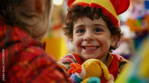 Closeup of a childs face eyes wide with wonder and joy as they receive a new toy from a volunteer dressed as a beloved cartoon character at a community event. . photo