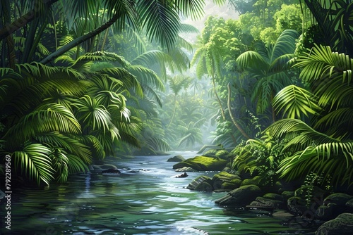 A tranquil river flowing through a lush tropical rainforest