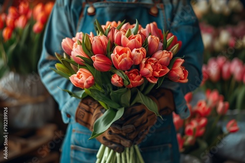 Construction worker in gloves bouquet of flowers. International. Beautiful flowers tulips in bouquet composition wrenches, hammer tools. Labor Day concept May 1st. Creative flower arrangement. photo