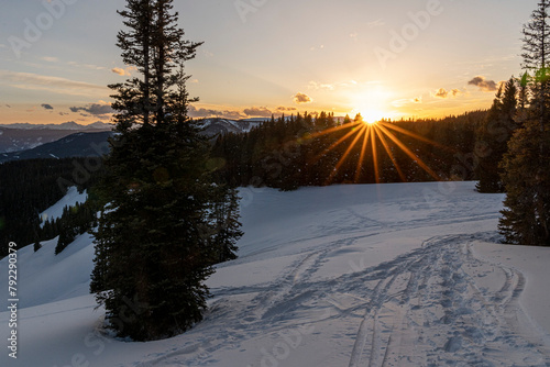 a snowy sunrise in the forest in winter