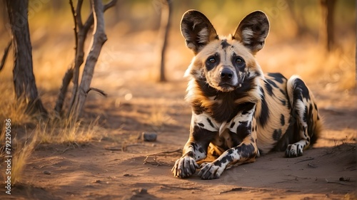 African wild dog in the country of Botswana. Large-eared, dangerously spotted animal. African Safari: Hunting African Dog. Scenes of Wildlife and Nature