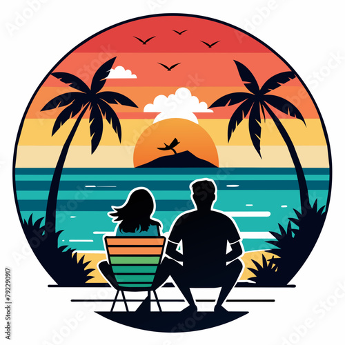 couple on the beach t shirt vector illustration