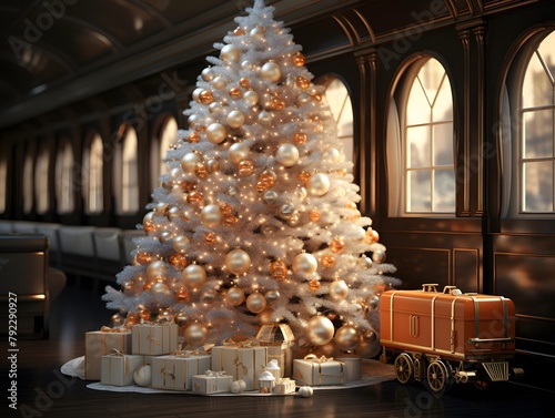 3D rendering of a Christmas tree in a train station with gifts
