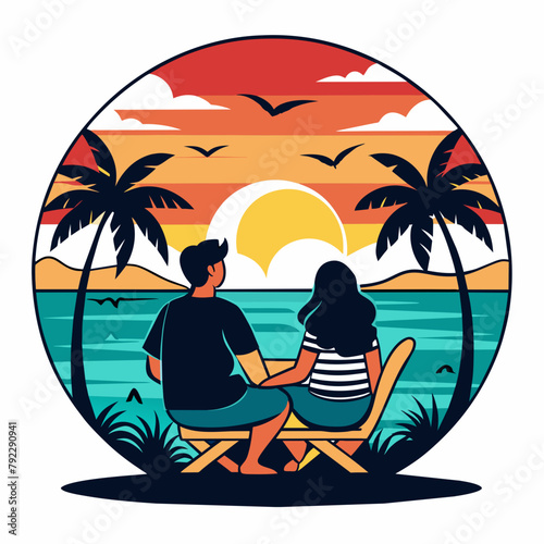 couple on the beach t shirt vector illustration