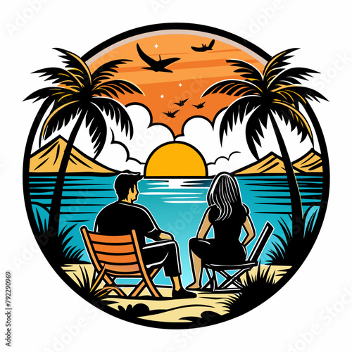 couple on the beach t shirt vector illustration