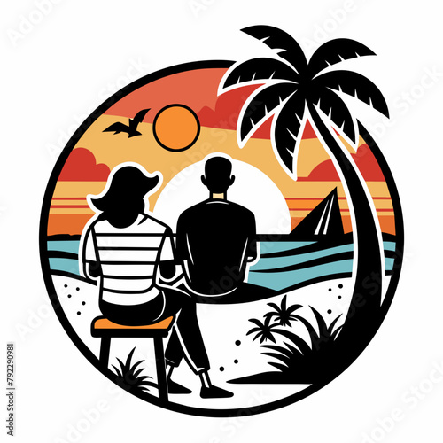 couple on the beach t shirt vector illustration