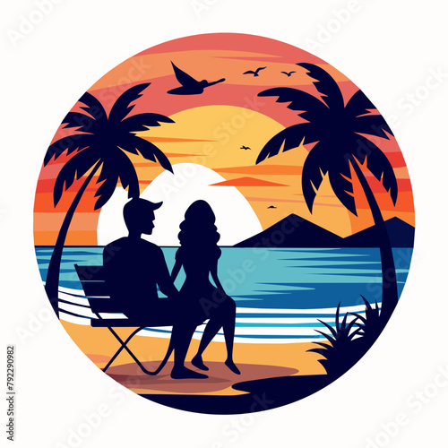 couple on the beach t shirt vector illustration