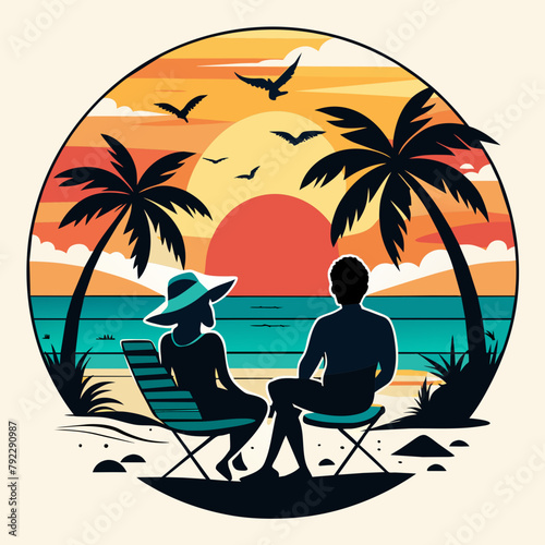 couple on the beach t shirt vector illustration
