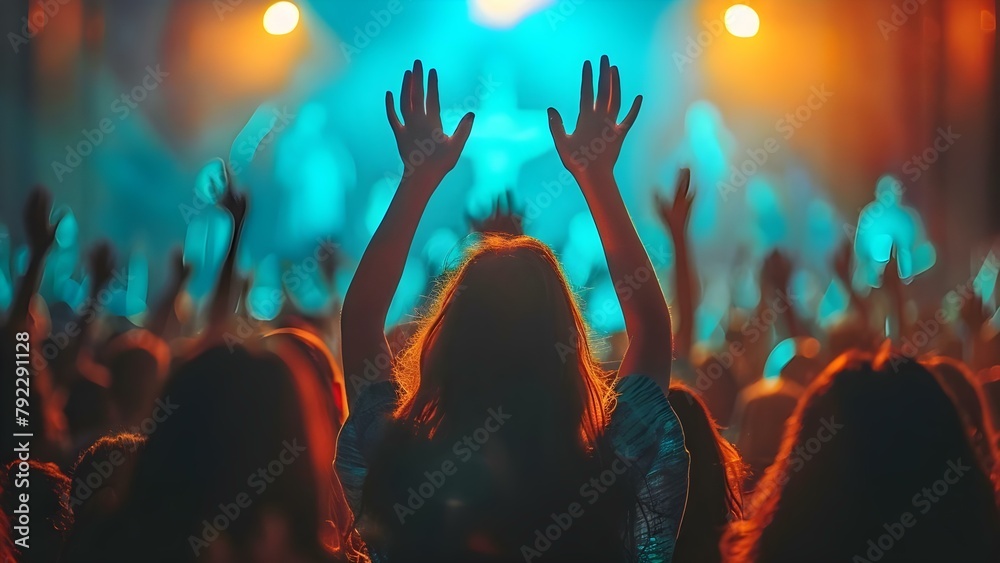 Christians worship with raised hands praying earnestly in church expressing faith spiritually. Concept Christian Worship, Raised Hands, Praying, Church, Spiritual Expression