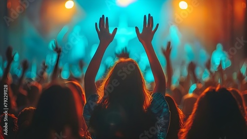 Christians worship with raised hands praying earnestly in church expressing faith spiritually. Concept Christian Worship, Raised Hands, Praying, Church, Spiritual Expression
