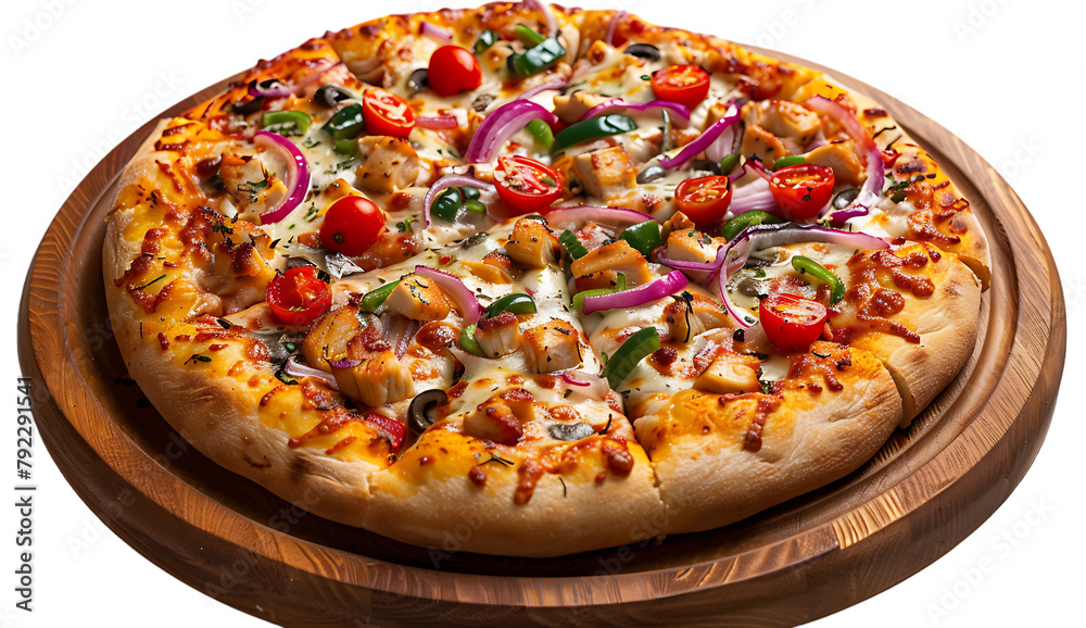 A large pizza with chicken, red onion and tomato on top is placed on a wooden plate