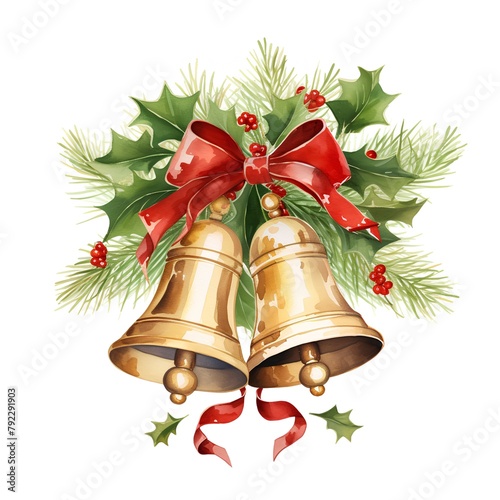 Watercolor Christmas bell with red bow, holly and mistletoe.