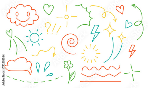 Doodle line sketch childish element set. Flower, heart, cloud children draw style design elements background. Vector illustration on white background in eps 10.
