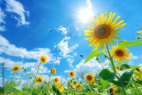 Sunflower field under the bright blue sky with bees flying among the flowers