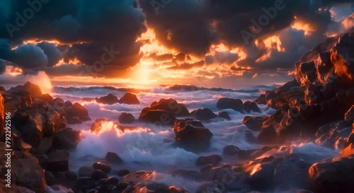 A beautiful landscape of a rocky beach at sunset with a stormy sky. The waves are crashing against the rocks, and the sky is a brilliant orange and yellow. photo