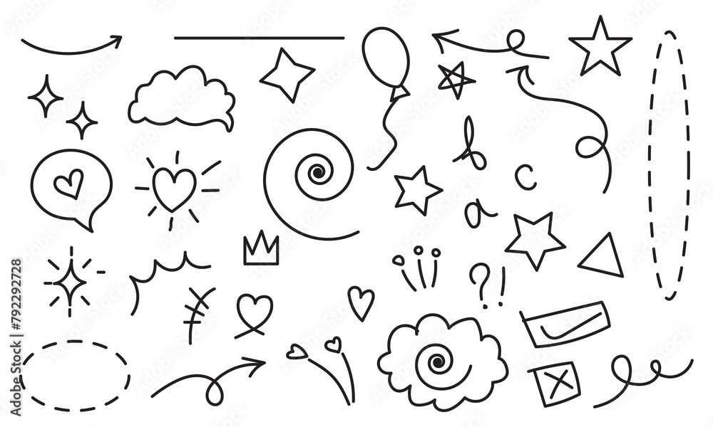 Cute hand drawn doodle big set of simple kids decorative elements. Colorful collection of scribble, animal, flower, sun, cloud. Vector illustration on white background in eps 10.