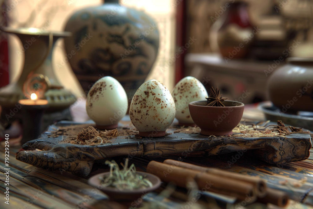 Fototapeta premium Chinese Tea Eggs spiced aroma ancient teahouse ambiance
