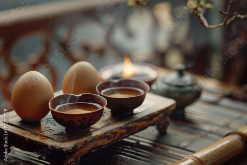 Chinese Tea Eggs spiced aroma ancient teahouse ambiance photo