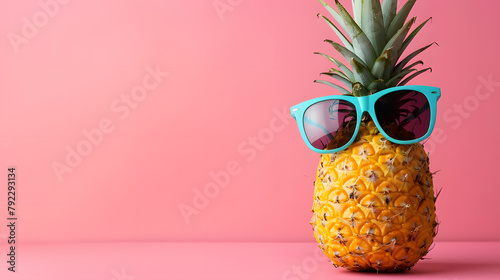 Funky pineapple and coconut wearing sunglasses on the pink wall with copy space, Bright boho colors Summer concepts.