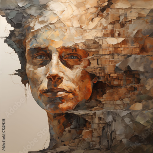 A determined visage amidst a rugged, abstract landscape of rocky terrain and harsh textures
