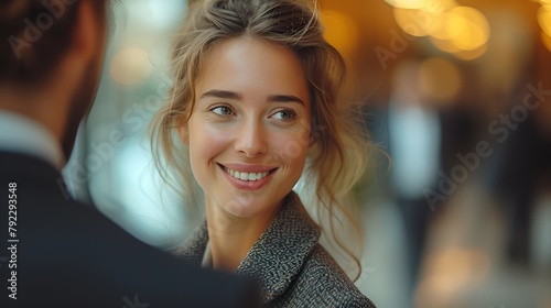 Smiling and confident female business executives - close-up shot - blurred background - teamwork