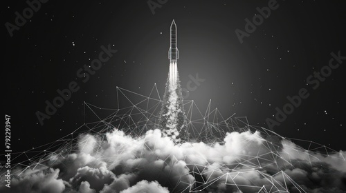 rocket from the earth with clouds of smoke. Low poly style design. Abstract geometric background AI generated