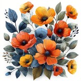 Handcrafted paper flowers in vibrant orange, yellow, and blue hues with intricate details and green leaves.
